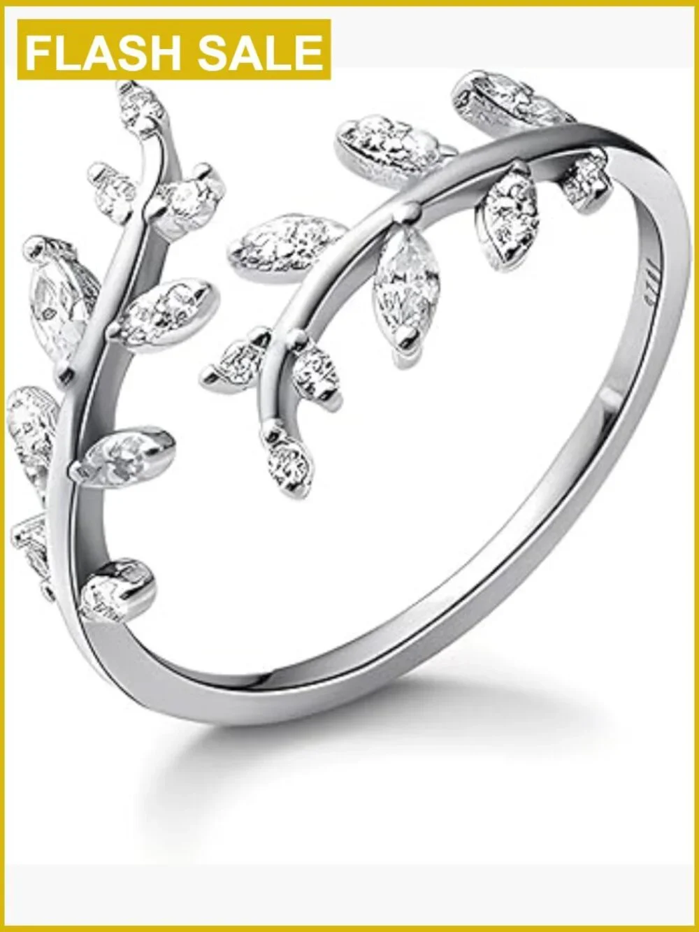 Adjustable Sterling Silver Leaf Ring Stackable Cubic Zirconia Open Ring